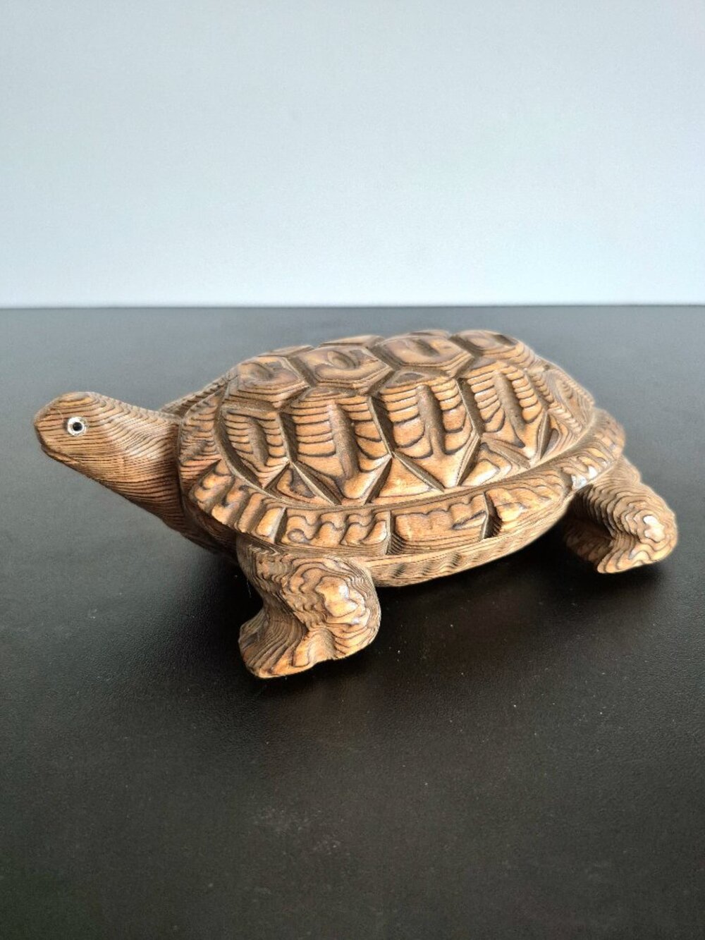 Vintage Hand-Carved Japanese Cryptomeria Wood Turtle with Glass Eyes
